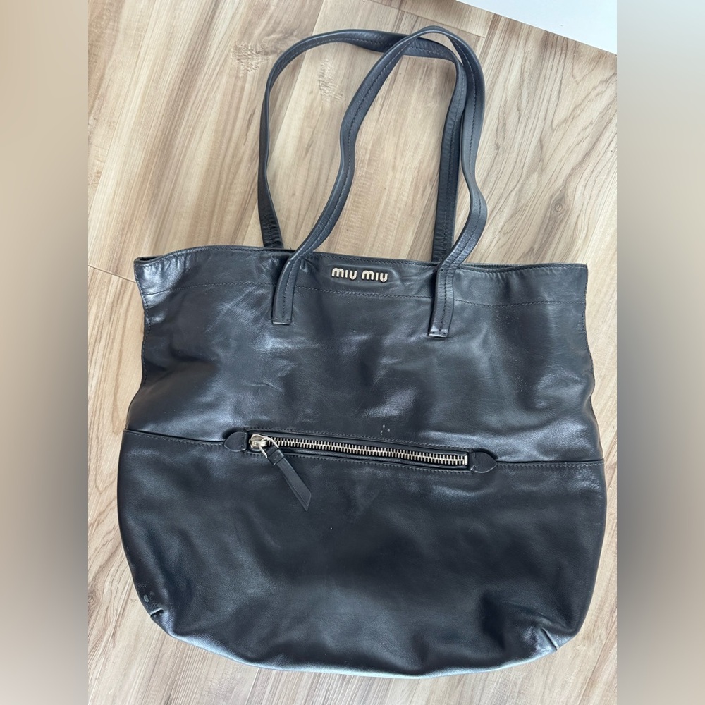Miu Miu black leather/silver hardware bag great for laptop/work w/ long straps